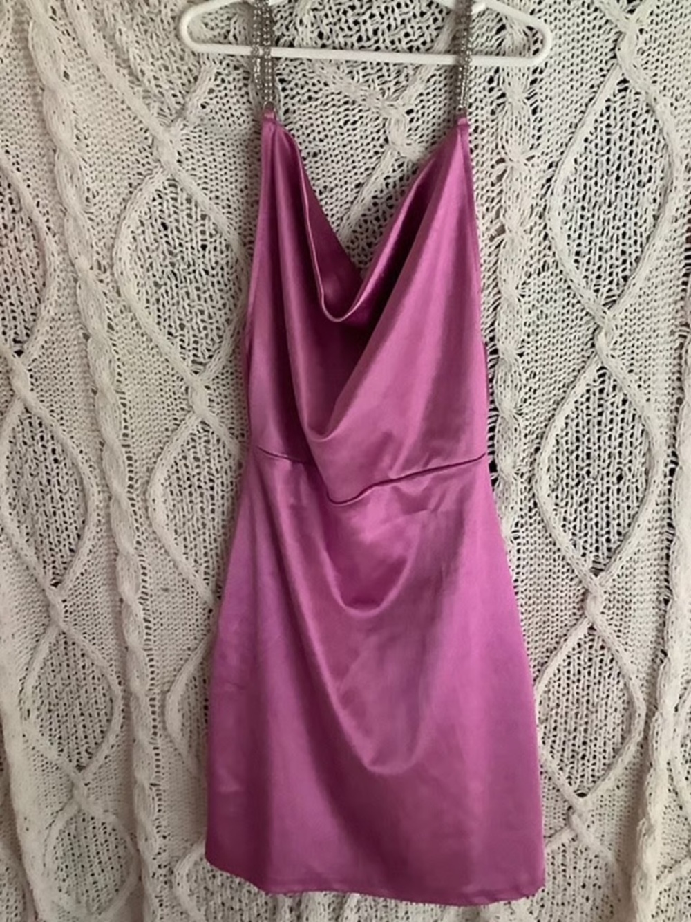 hot barbie Pink satin slouch square neck  bodycon dress with rhinestone strap  -